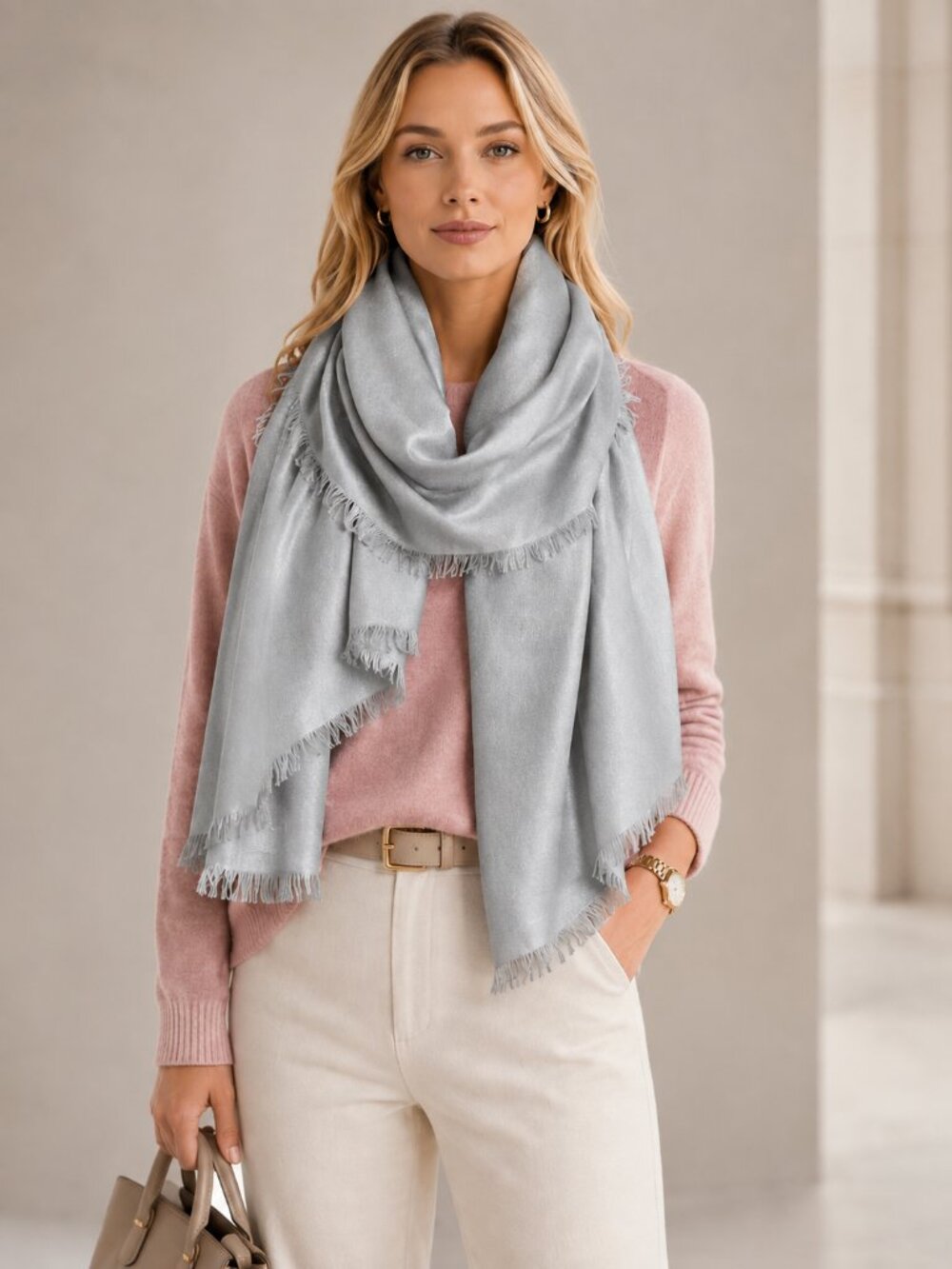 Nordstrom Grey Cashmere Silk Eyelash Trim Wrap Scarf Sconce Print NWT